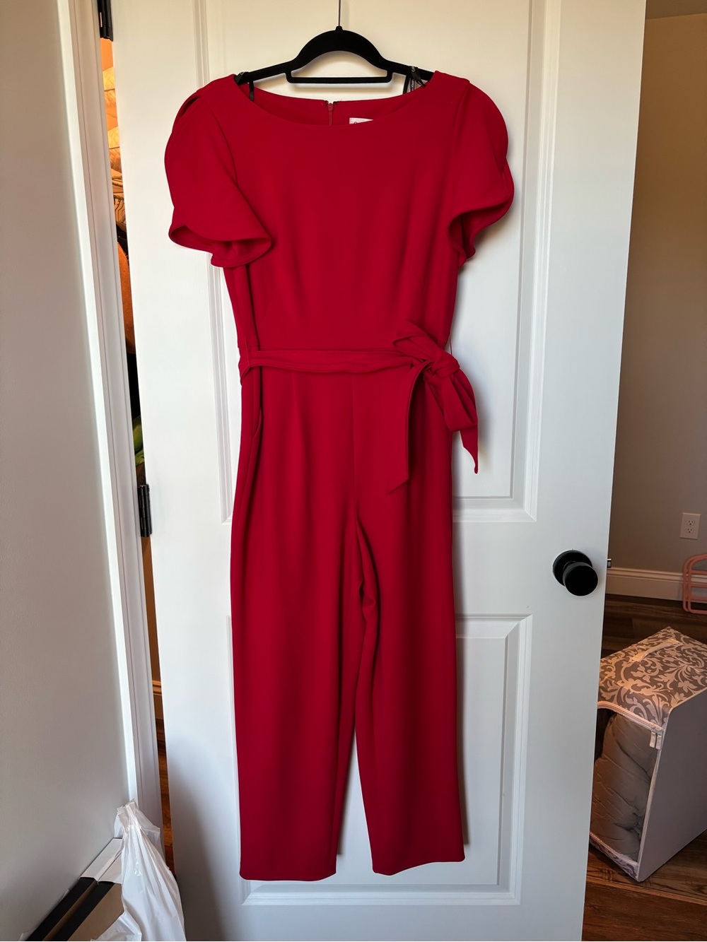 Calvin Klein Bright Red Short Puff Sleeve Belted Jumpsuit
